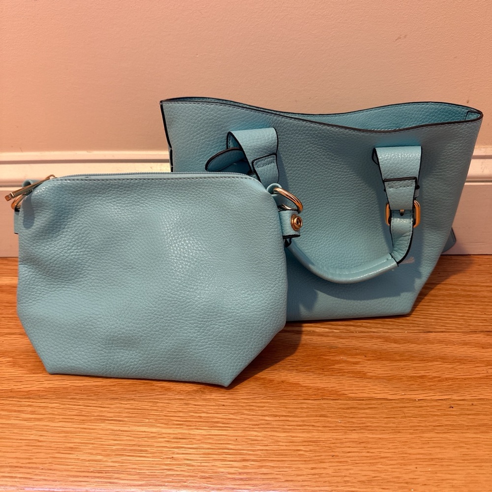 Blue Faux Leather Purse and Pouch Set